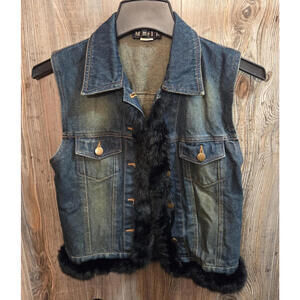 MIXIT Denim Jean VTG Vest w/ Real Rabbit Fur Trim Women Size Small Western Boho